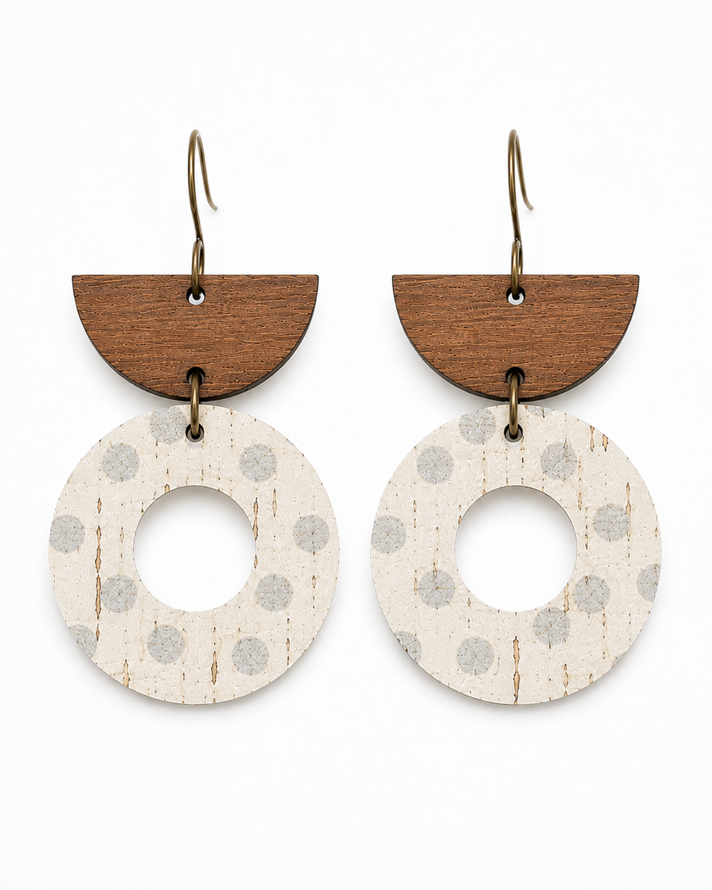 Front view of Aspen Mist handmade neutral cork and walnut wood geometric dangle earrings.