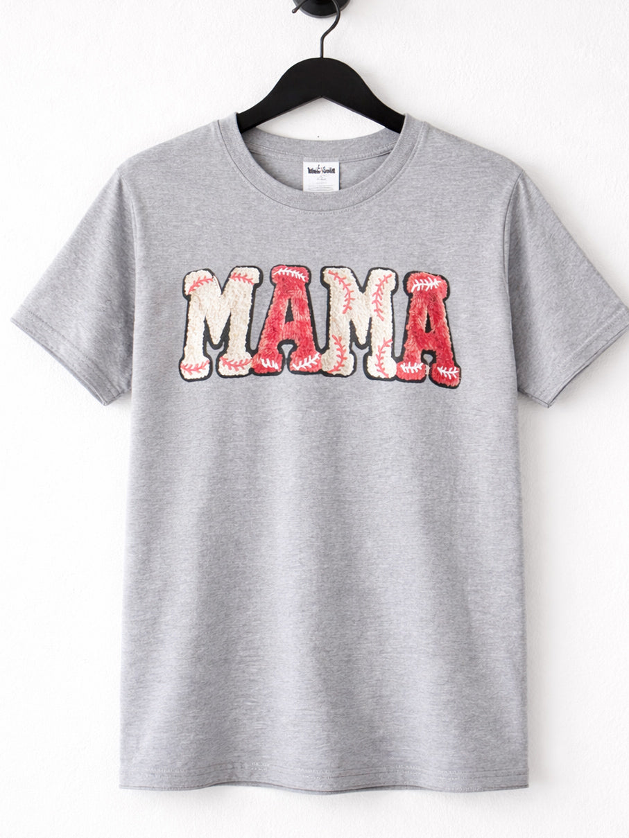 Heather gray short sleeve graphic tee on black hanger with red MAMA lettering and baseball stitch detail.