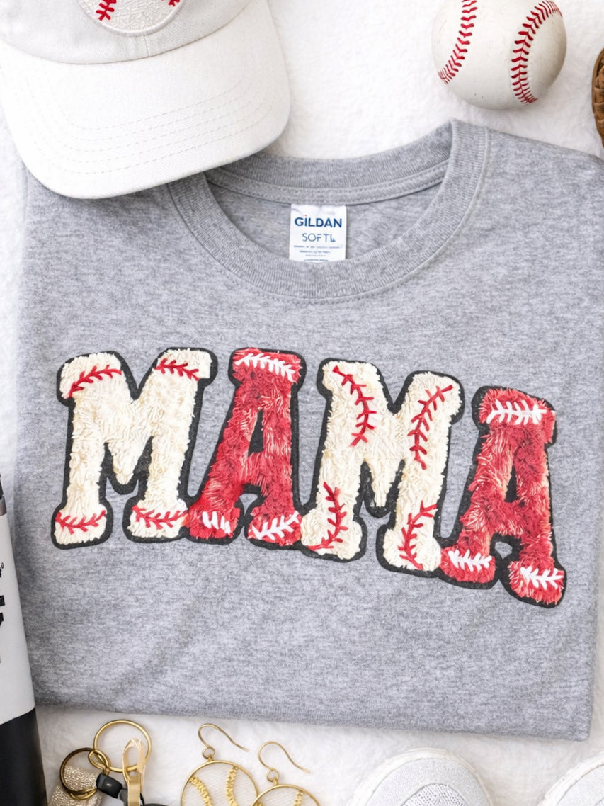 Heather gray baseball mom graphic shirt styled in flatlay with baseball themed accessories.