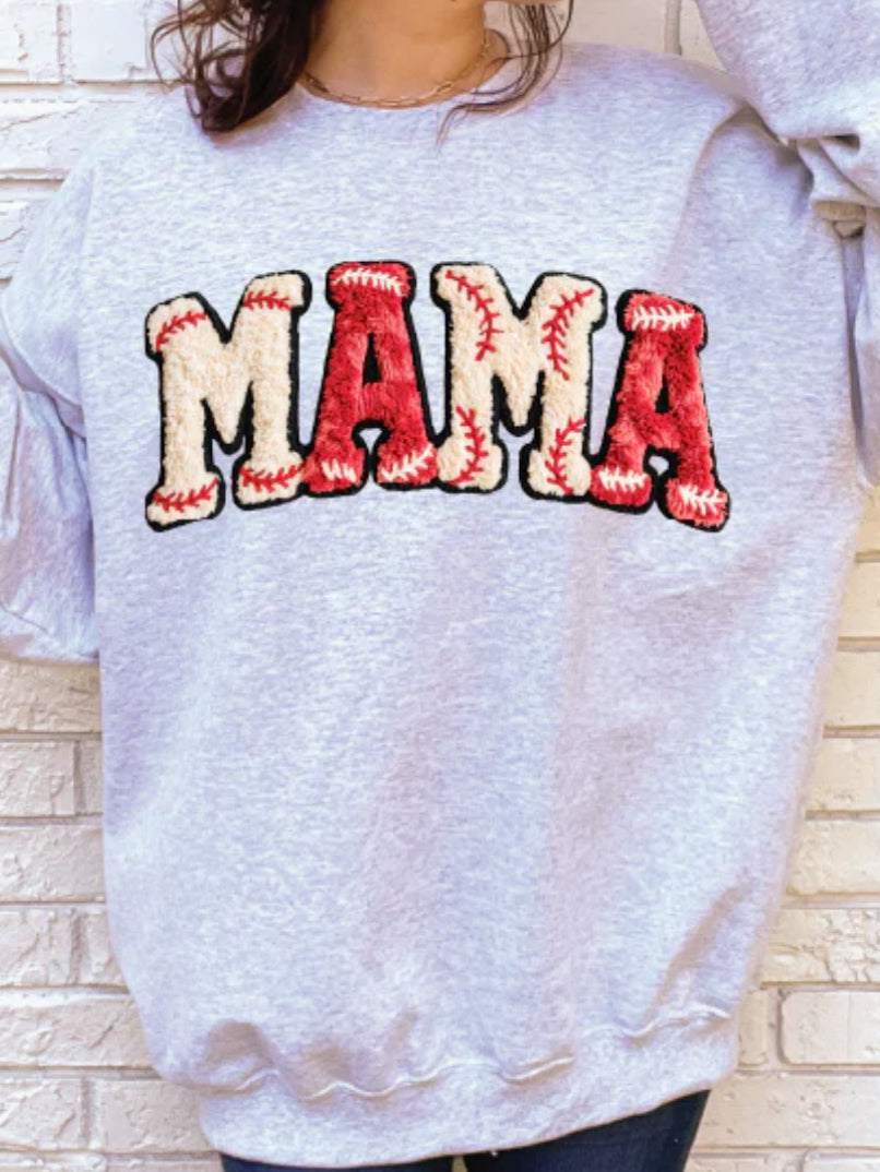 Close up of red MAMA graphic with baseball stitch pattern printed on heather gray shirt.