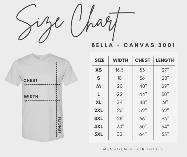 Bella Canvas 3001 unisex short sleeve t-shirt size chart showing chest width and body length measurements.