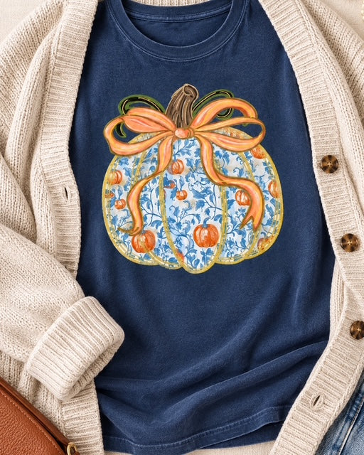 Midnight Comfort Colors fall tee with blue floral pumpkin and orange bow styled with a cream cardigan