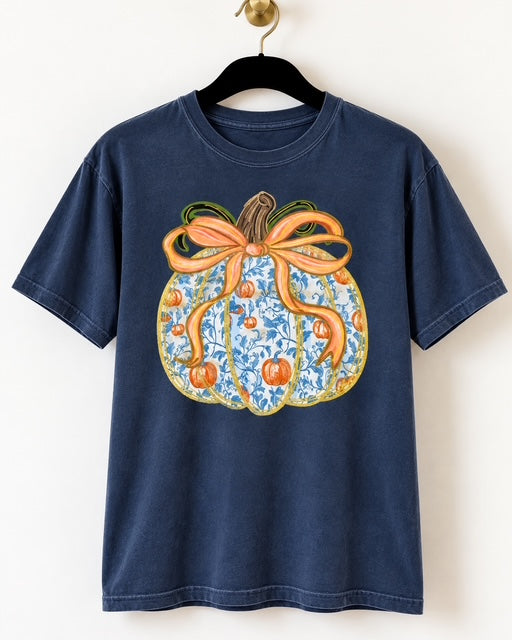 Belle of the Patch Pumpkin Tee on Midnight Comfort Colors with blue floral pumpkin and oversized orange bow