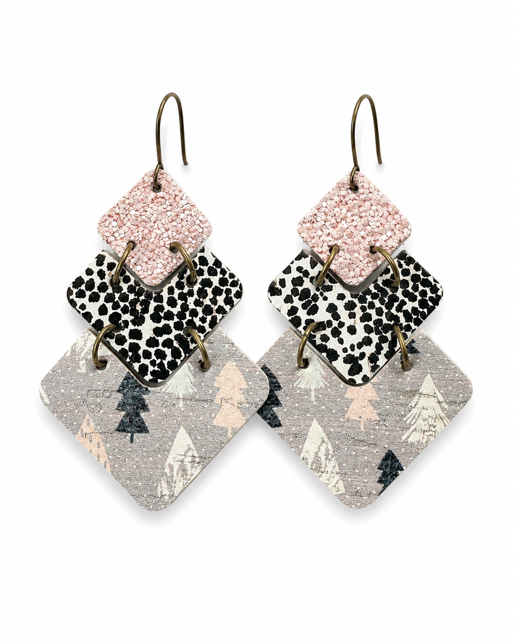 Front view of Blush Frost handmade cork and genuine leather earrings
