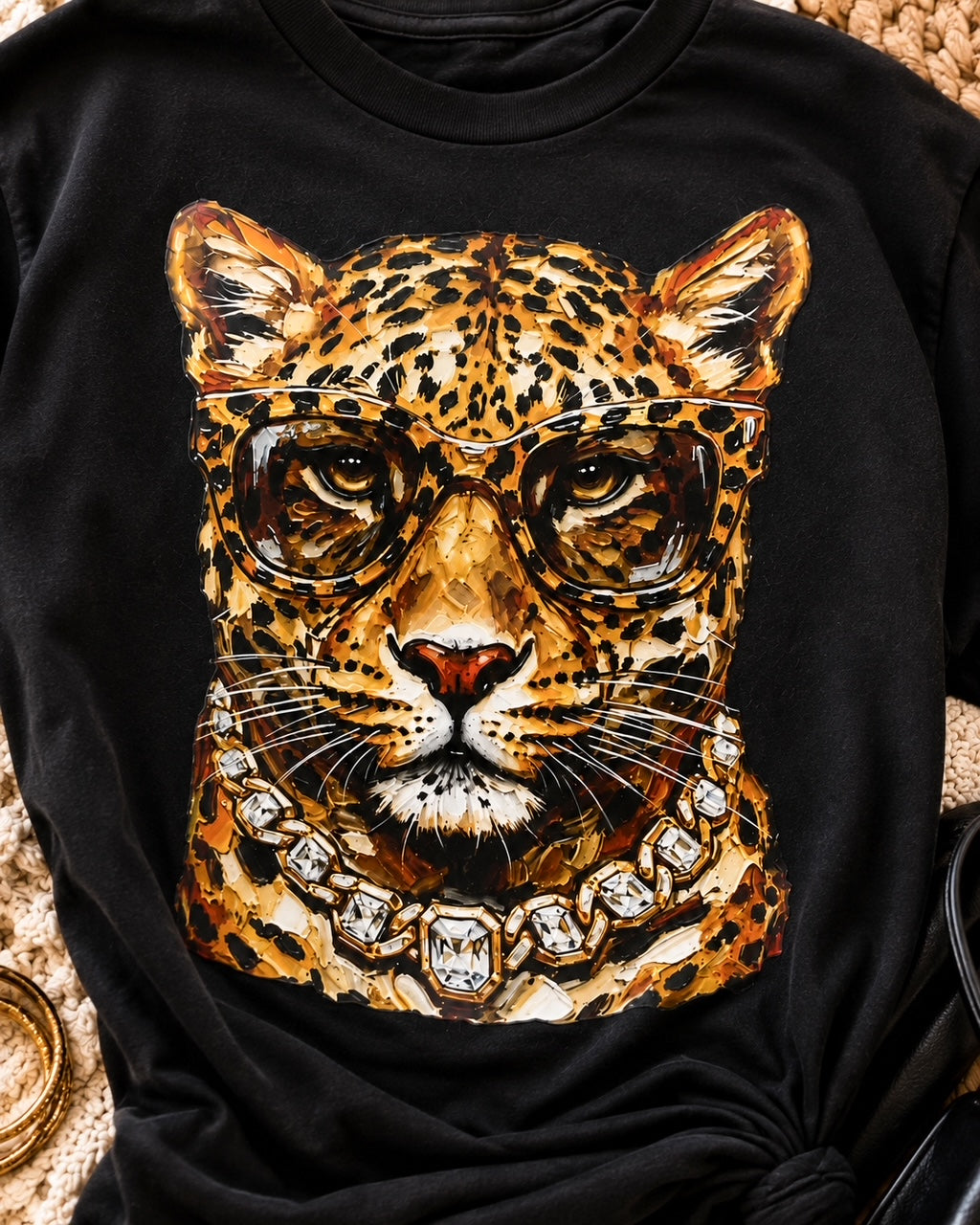 Close-up of the Bougie Leopard graphic featuring spotted glasses and a chunky crystal necklace on black fabric