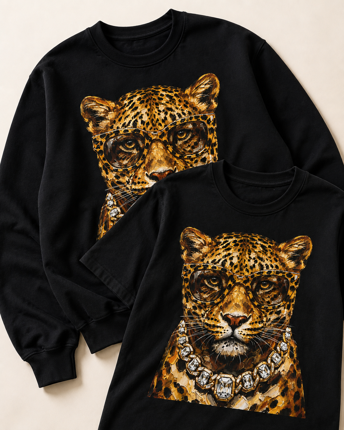 Black graphic tee and crewneck sweatshirt styled in an overlapping flat lay, both featuring a leopard wearing oversized glasses and a jeweled statement necklace.