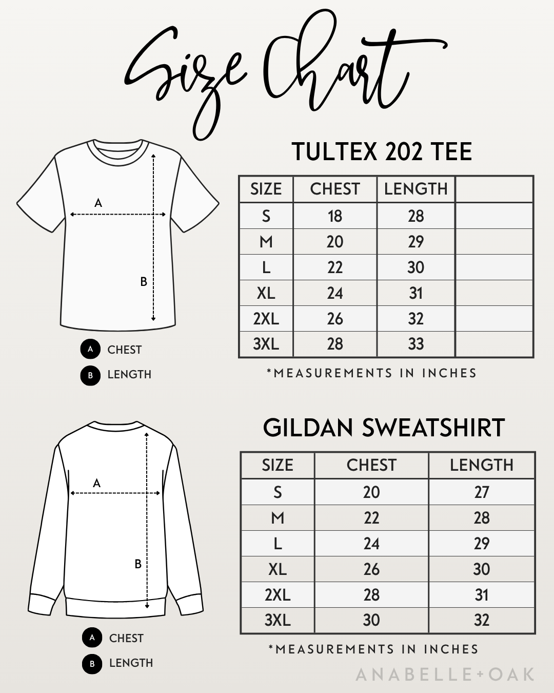 Bougie Leopard Shirt size chart with chest and length measurements for Tultex tees and Gildan sweatshirts in sizes S–3XL.