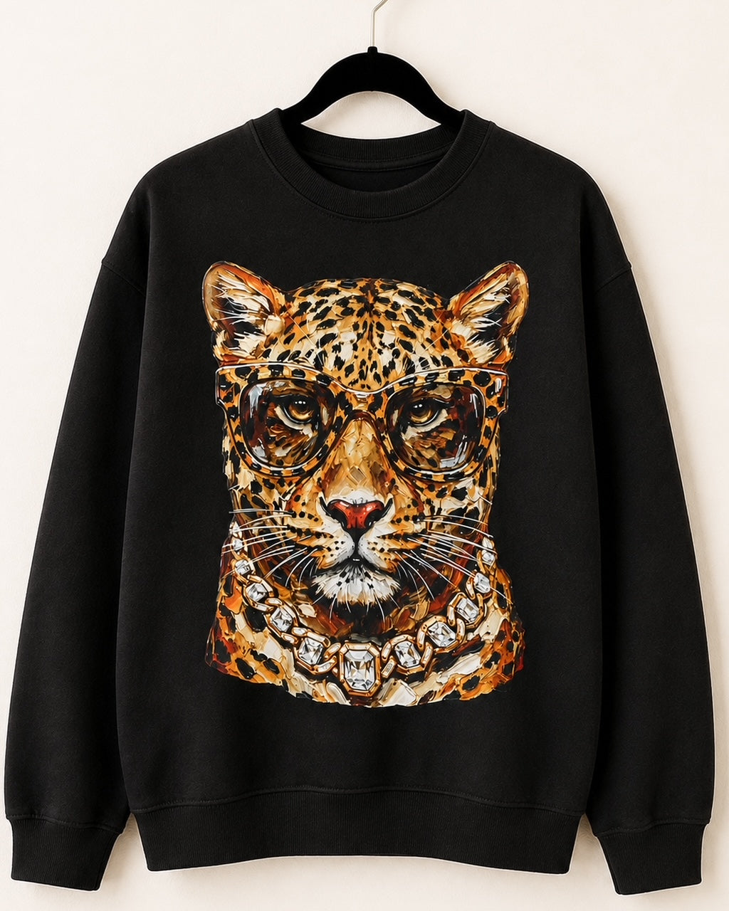 Black Bougie Leopard crewneck sweatshirt on a hanger with a leopard wearing glasses and a crystal necklace