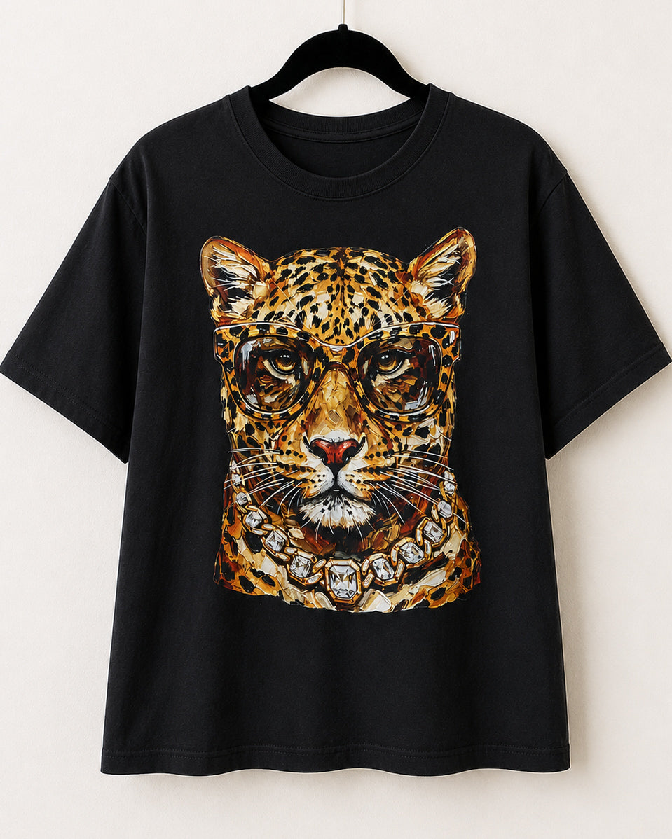 Black Bougie Leopard short-sleeve tee on a hanger with a large dressed-up leopard graphic