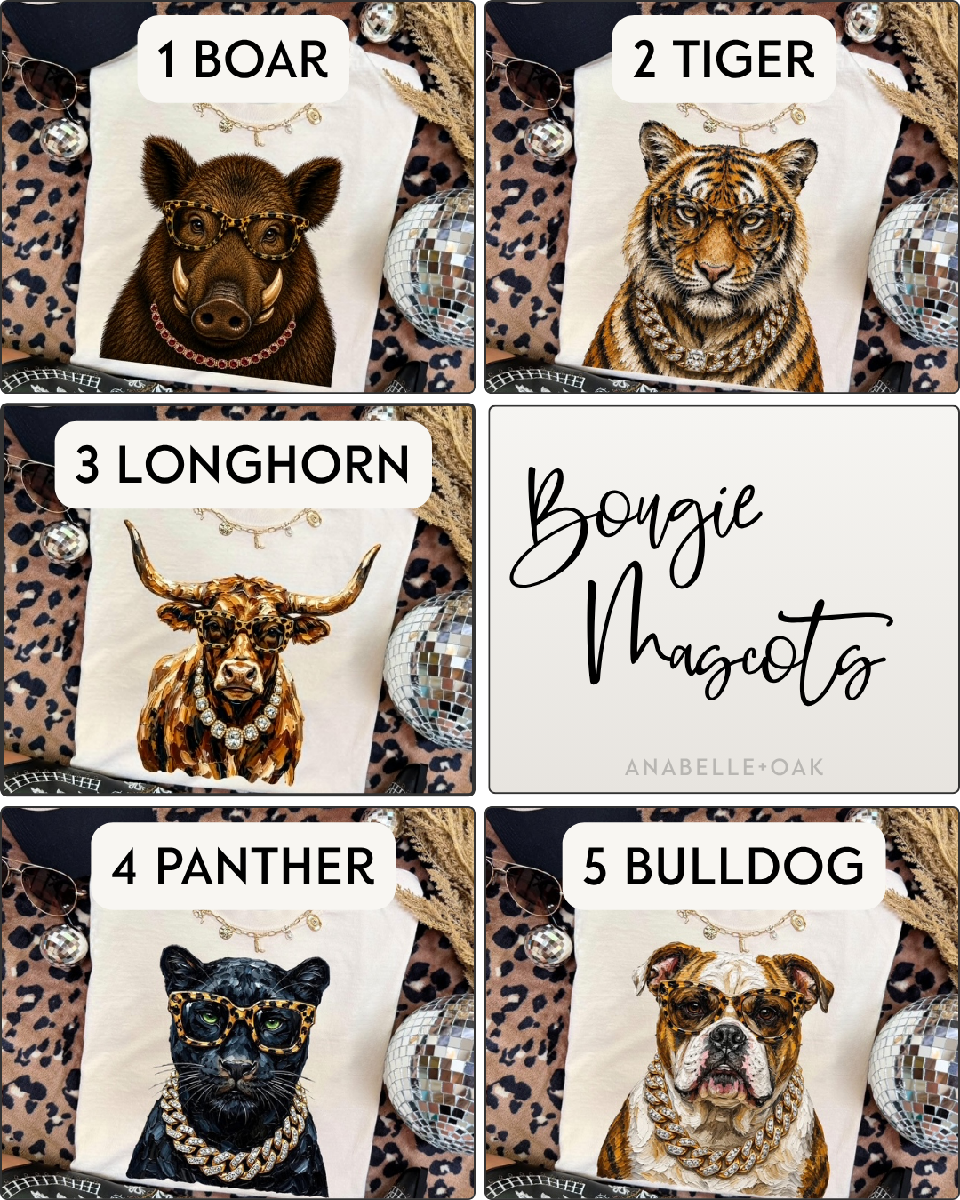 Bougie Mascot designs including Boar, Tiger, Longhorn, Panther, and Bulldog graphic shirts