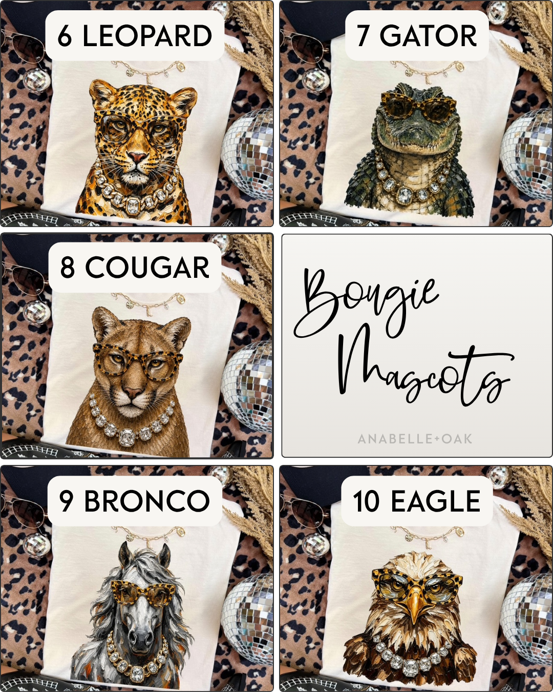 Bougie Mascot designs including Leopard, Gator, Cougar, Bronco, and Eagle graphic shirts