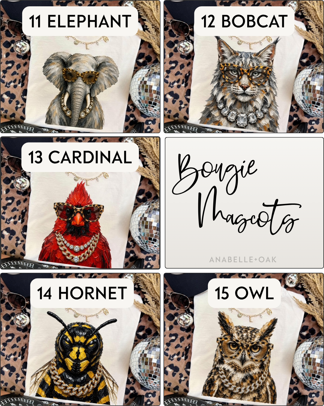 Bougie Mascot designs including Elephant, Bobcat, Cardinal, Hornet, and Owl graphic shirts