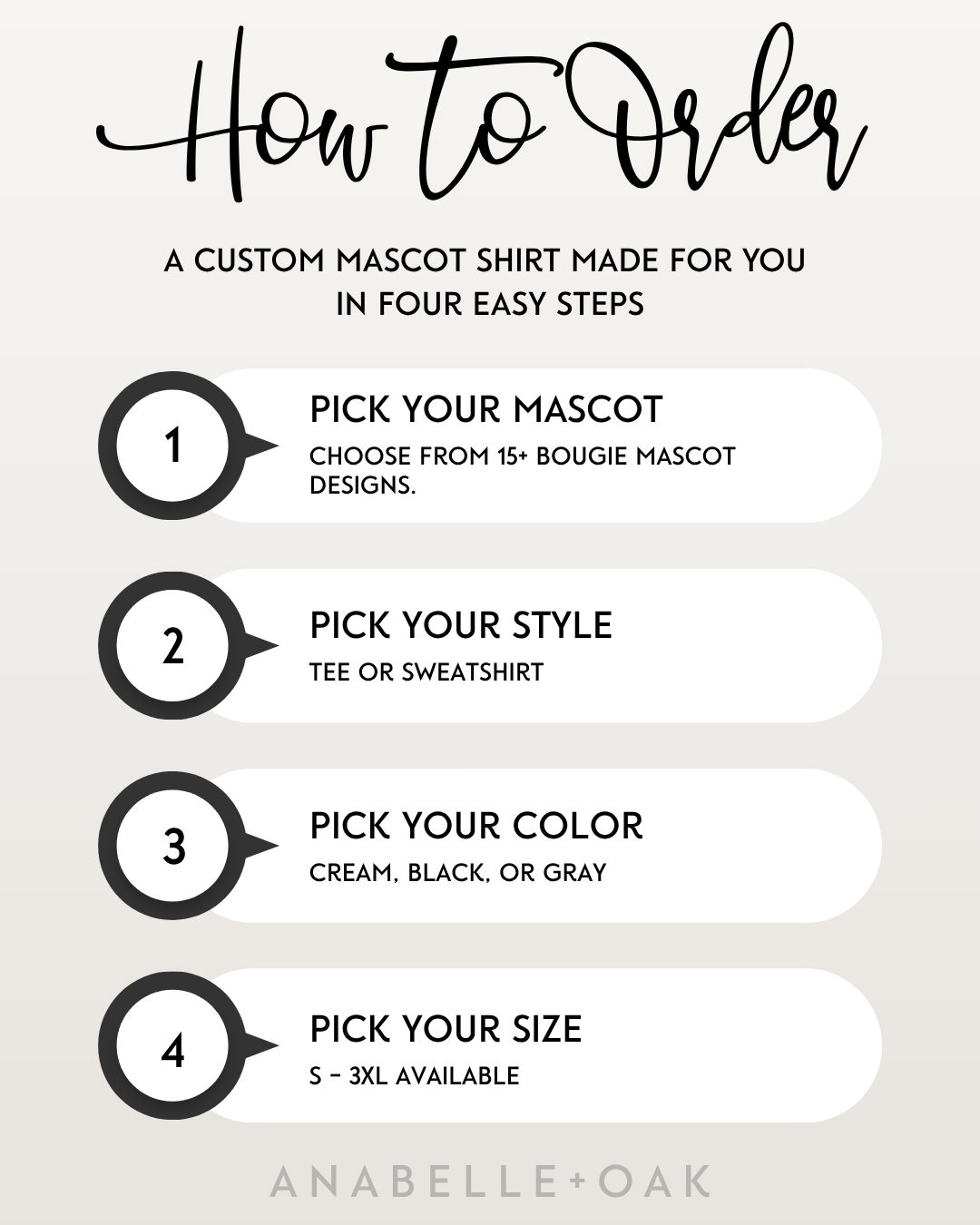 How to order a custom Bougie Mascot shirt by choosing your mascot, style, color, and size