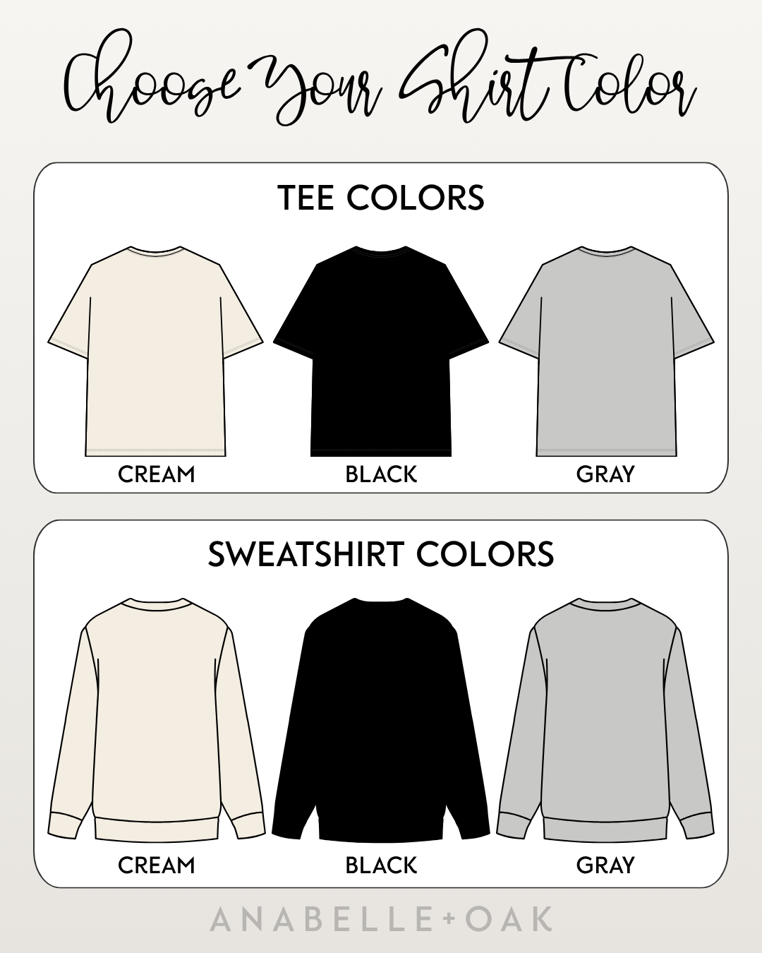 Bougie Mascot shirt color options for custom tees and sweatshirts in cream, black, and gray