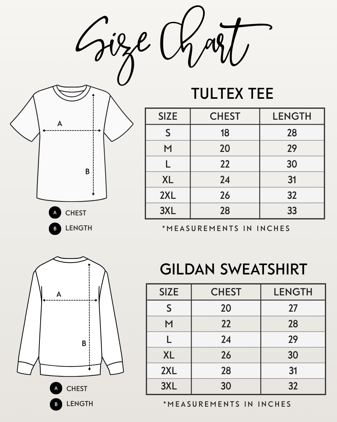 Size chart for Bougie Mascot Tultex tees and Gildan sweatshirts with chest and length measurements