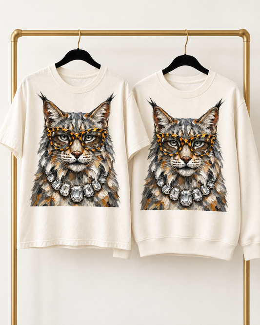 Cream Bougie Wildcat tee and crewneck sweatshirt displayed side by side on black hangers and a matte-gold rack.