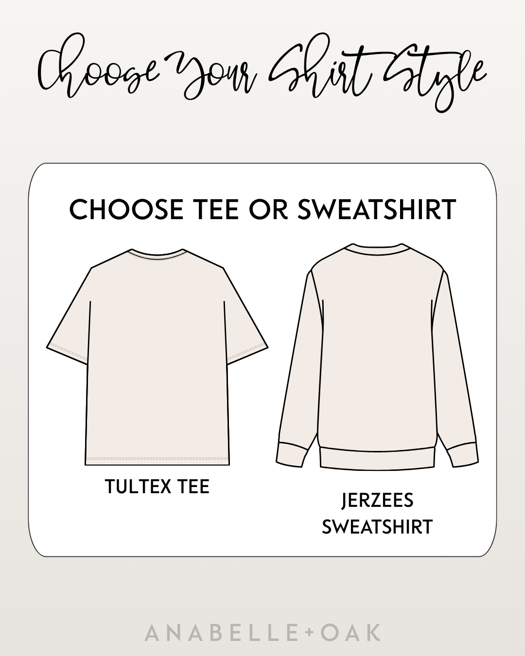 Bougie Wildcat Shirt style guide comparing the Tultex short-sleeve tee and Jerzees crewneck sweatshirt.