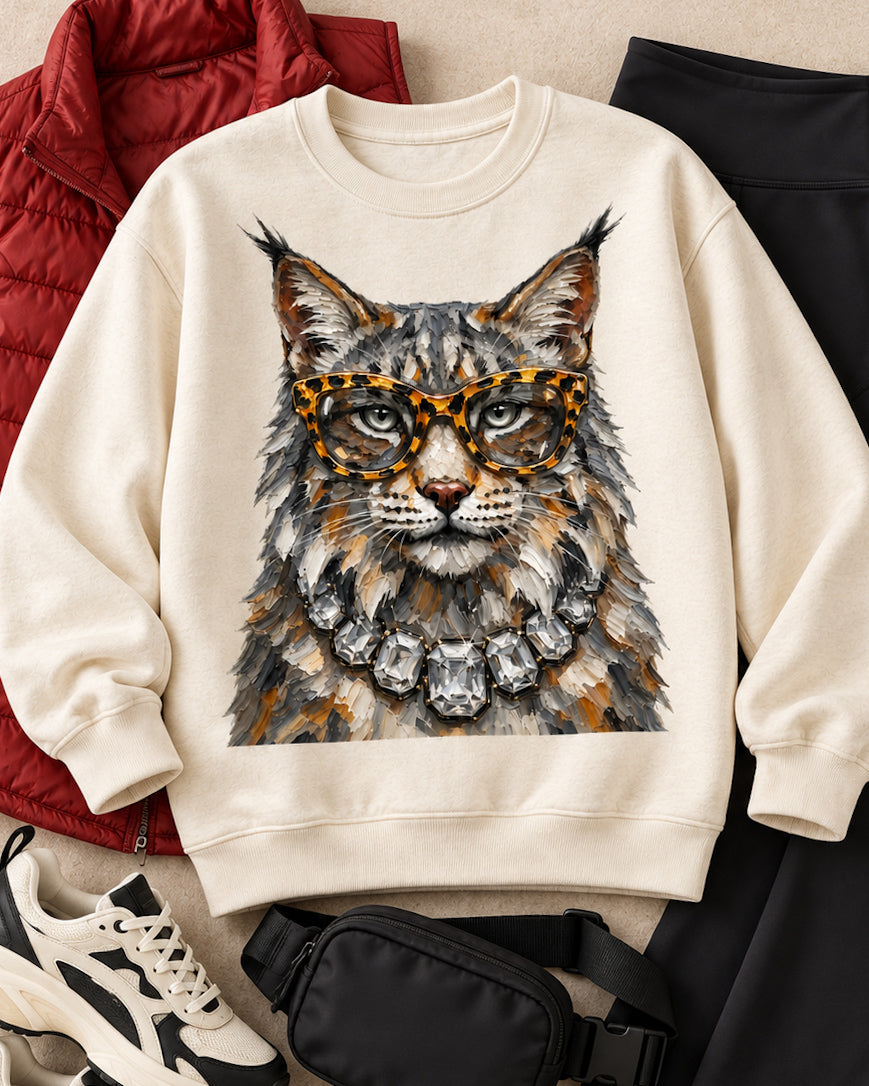 Cream Bougie Wildcat sweatshirt styled with black pants, a red quilted vest, sneakers, and a black belt bag.