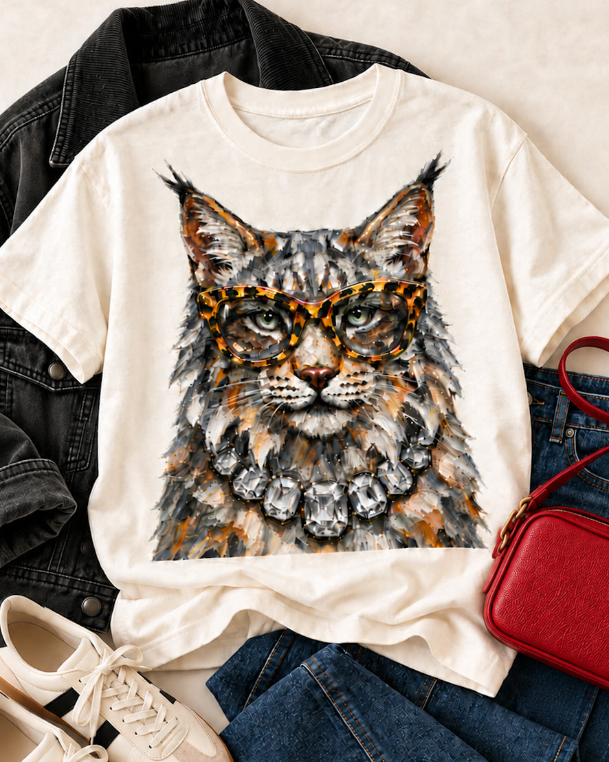 Cream Bougie Wildcat tee styled with jeans, a black jacket, cream sneakers, and a red crossbody bag.