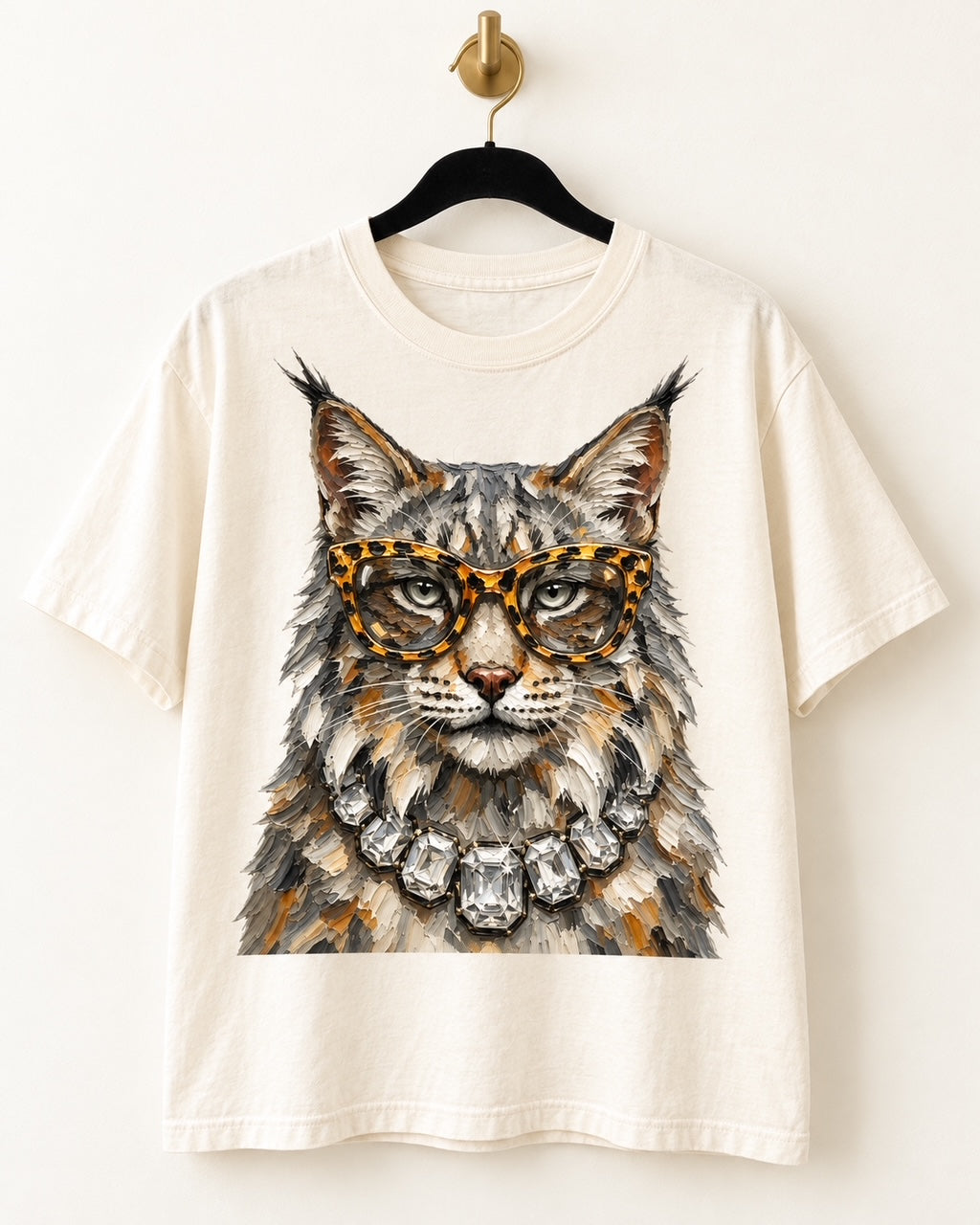 Cream Bougie Wildcat short-sleeve tee on a black hanger featuring a jeweled wildcat in oversized leopard glasses.