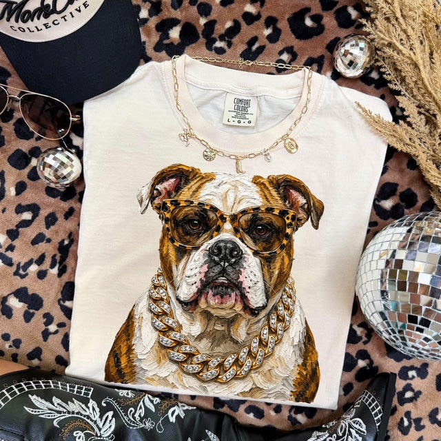 Bougie Bulldog mascot graphic tee flat lay