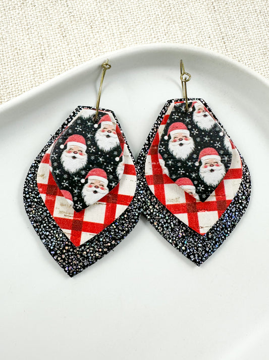Layered red, black, and silver Christmas leather drop earrings with removable Mix + Match layers on hoop base.