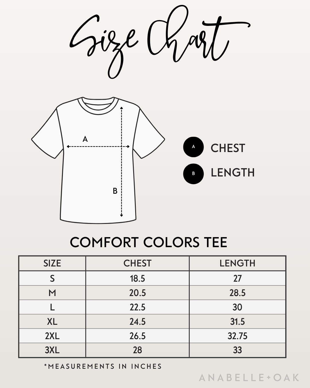 Comfort Colors tee size chart for sizes S through 3XL