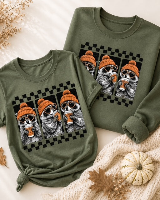 Cozy Little Bandits tee and sweatshirt in coordinating greens with three coffee-sipping raccoons and checkerboard details.