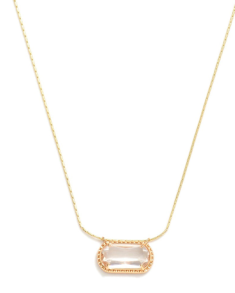 Close-up of the Crystal Clear Necklace showing its transparent faceted bead, decorative gold-tone frame, and delicate chain against a white background.
