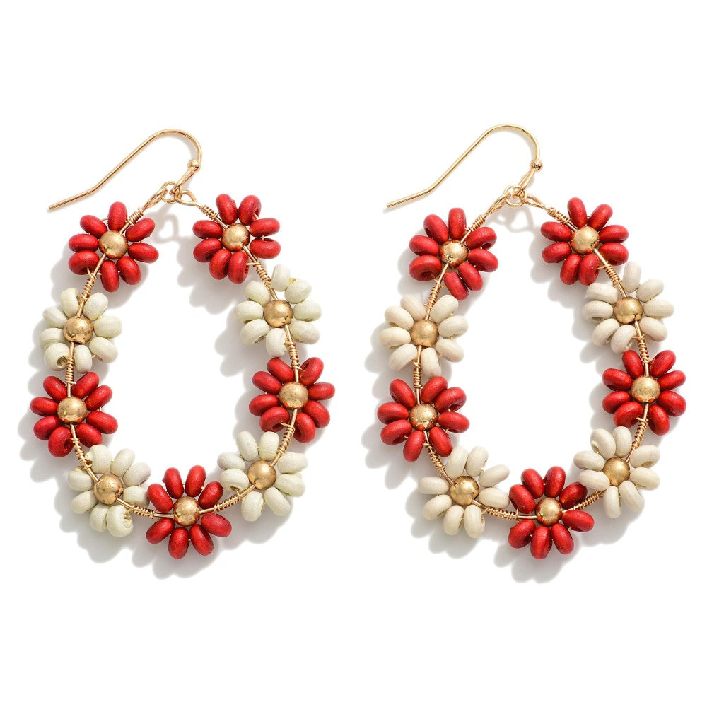 Red and ivory Daisy Lane floral earrings with gold-tone surgical stainless steel ear wires on a white background.