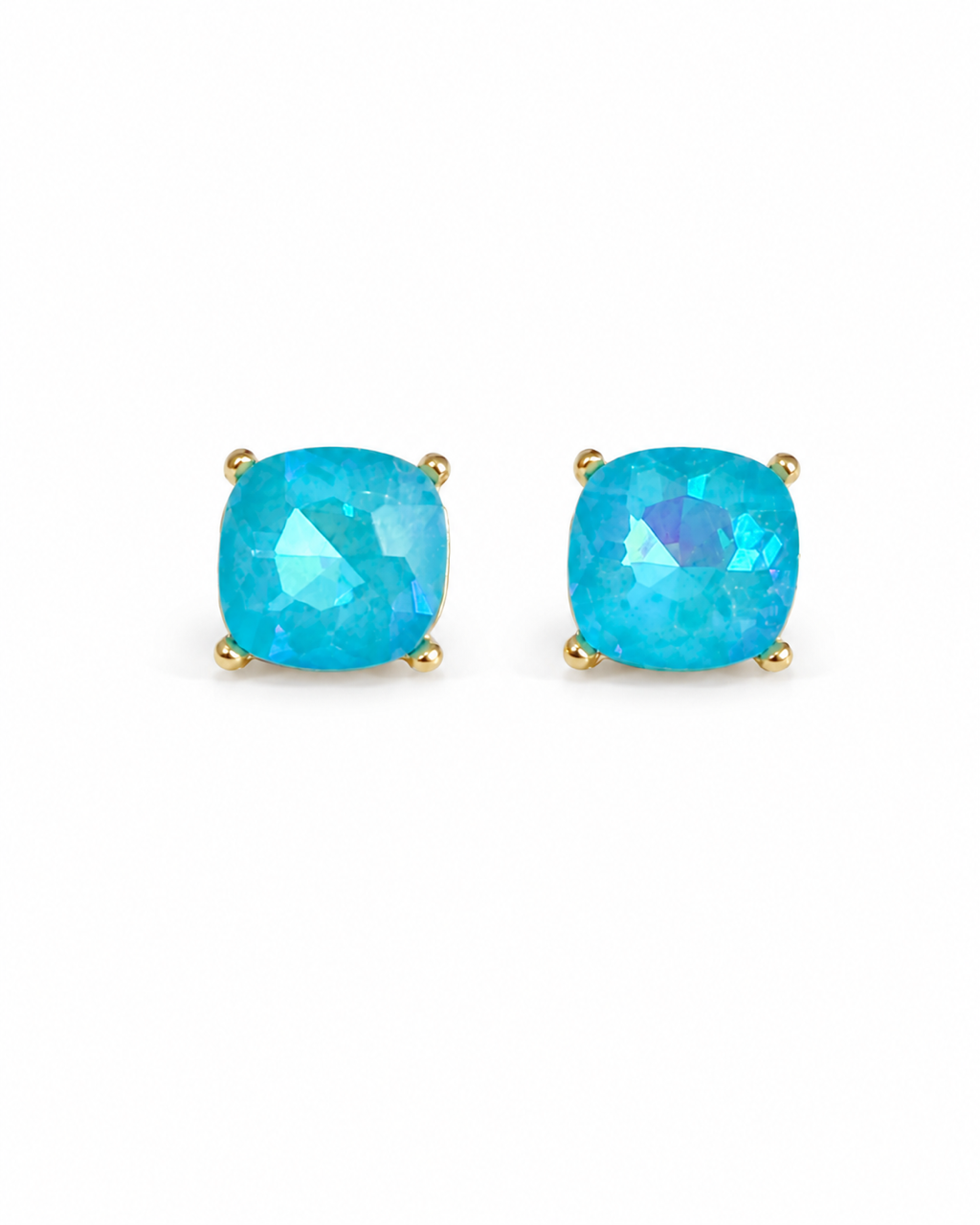 Turquoise square stud earrings with an iridescent finish and gold-tone hardware on a white background.