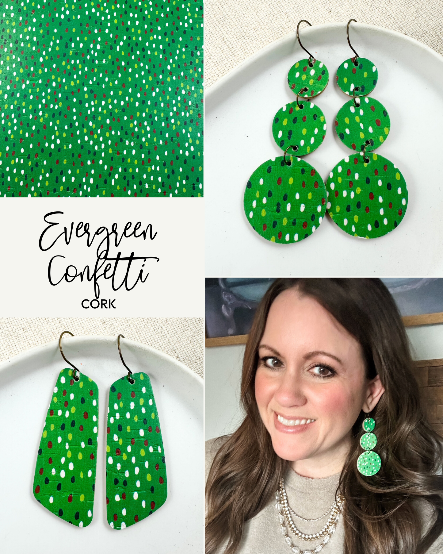 Evergreen Confetti Cork earrings collage showing circle dangle earrings, geometric dangle earrings, and modeled photo