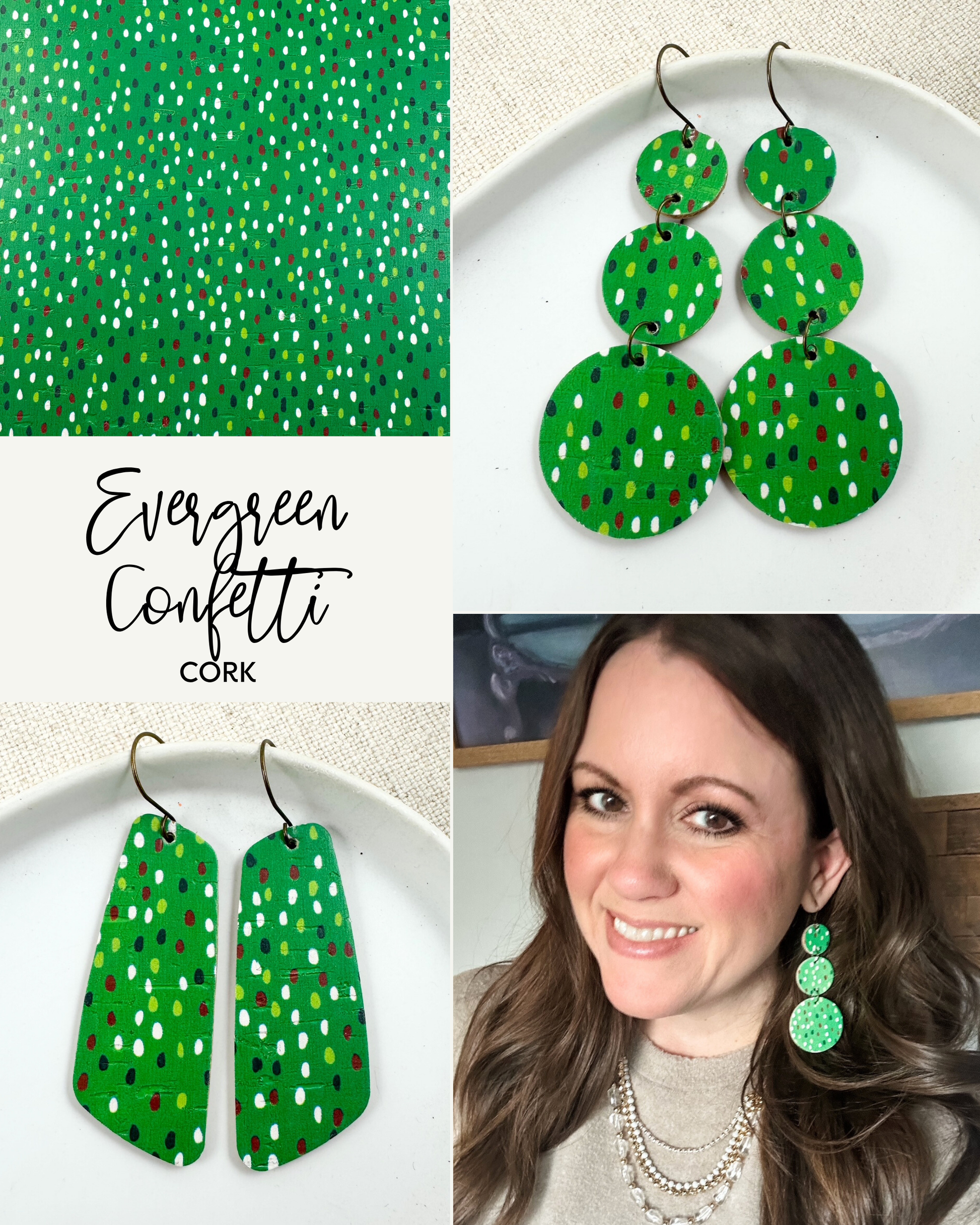 Evergreen Confetti Cork earrings collage showing circle dangle earrings, geometric dangle earrings, and modeled photo