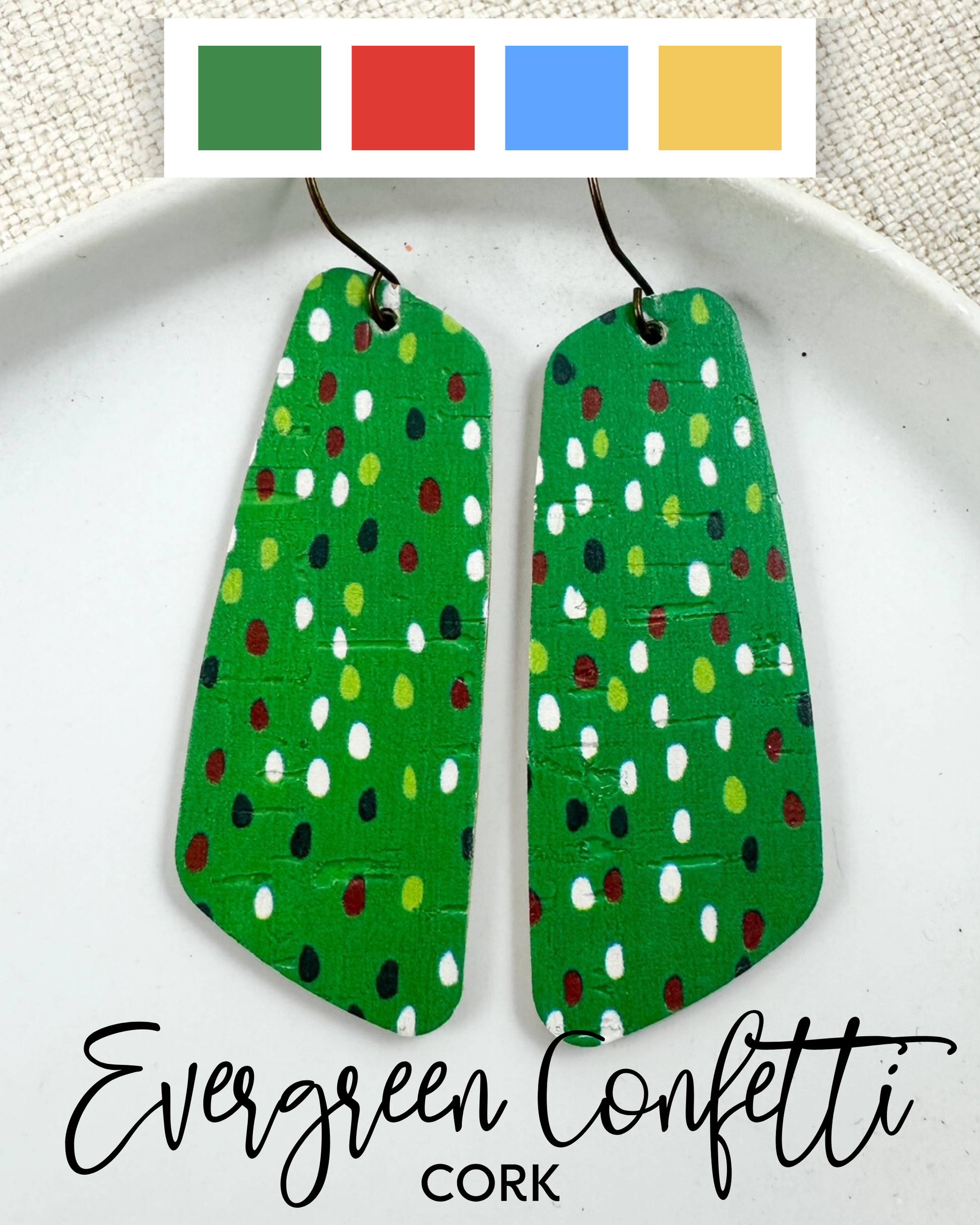 Evergreen Confetti Cork long geometric earrings with bright candy color palette