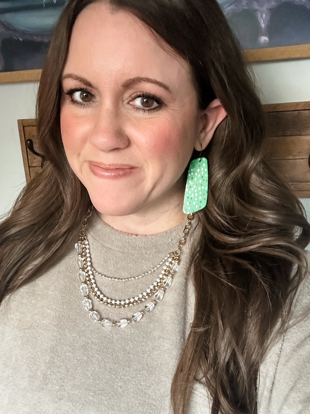 Woman wearing Evergreen Confetti Cork long geometric earrings