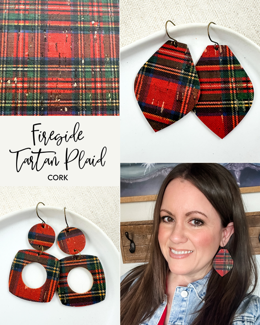 Fireside Tartan Plaid cork earrings in red and green plaid, shown in multiple large statement earring styles with a model wearing them for size.
