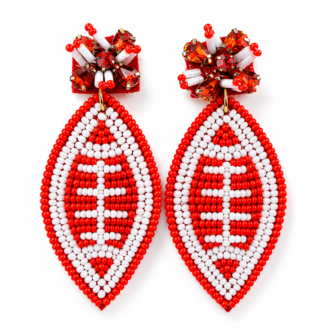 Football & Fireworks red beaded football earrings with crystal accents on a white background
