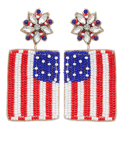 Red, white, and blue seed bead flag earrings with sparkling starburst studs and gold trim, measuring approximately 2.5 inches long.