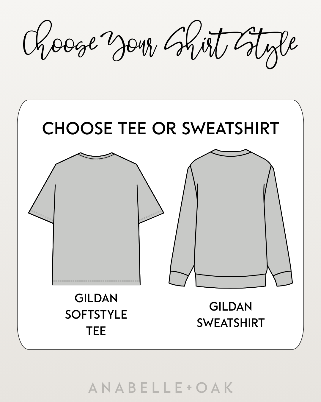 Comparison chart showing the Friday Uniform Shirt available as a Gildan SoftStyle Tee or Gildan crewneck sweatshirt.