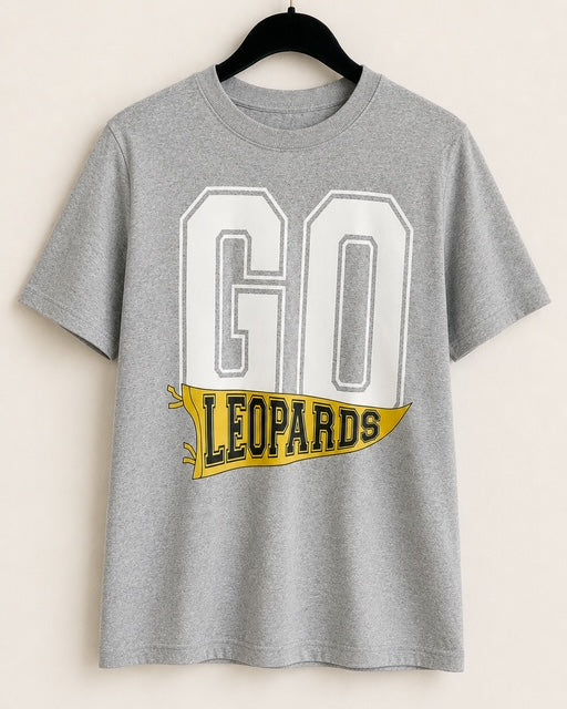 Sport gray Friday Uniform Tee hanging against a creamy white background with the full GO LEOPARDS design visible.