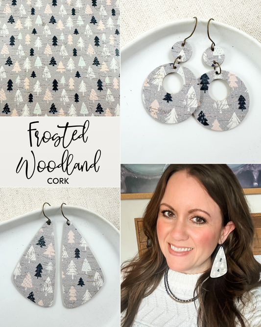 Frosted Woodland Cork earrings in Large Holly and Medium Spruce shapes shown in a styled collage with pattern close-up, product photos, and a model wearing the earrings.