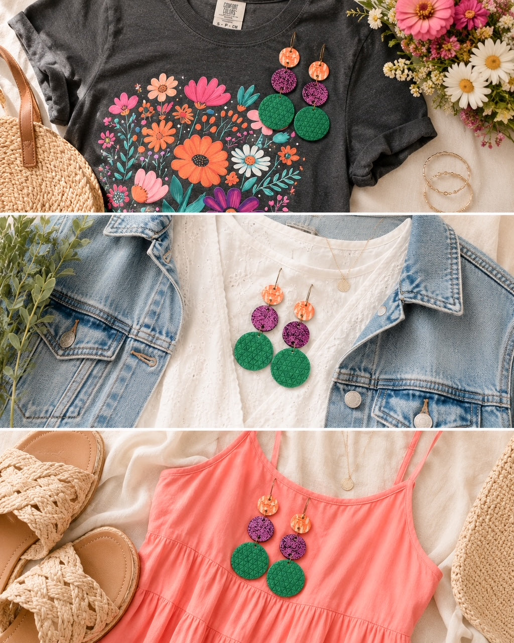 Garden Party handmade leather and cork earrings styled three ways with a floral graphic tee, white blouse with denim jacket, and coral dress.