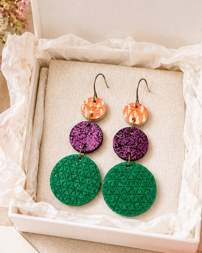 Garden Party handmade leather and cork earrings presented in a gift box with ivory linen and tissue paper, ready for gifting.