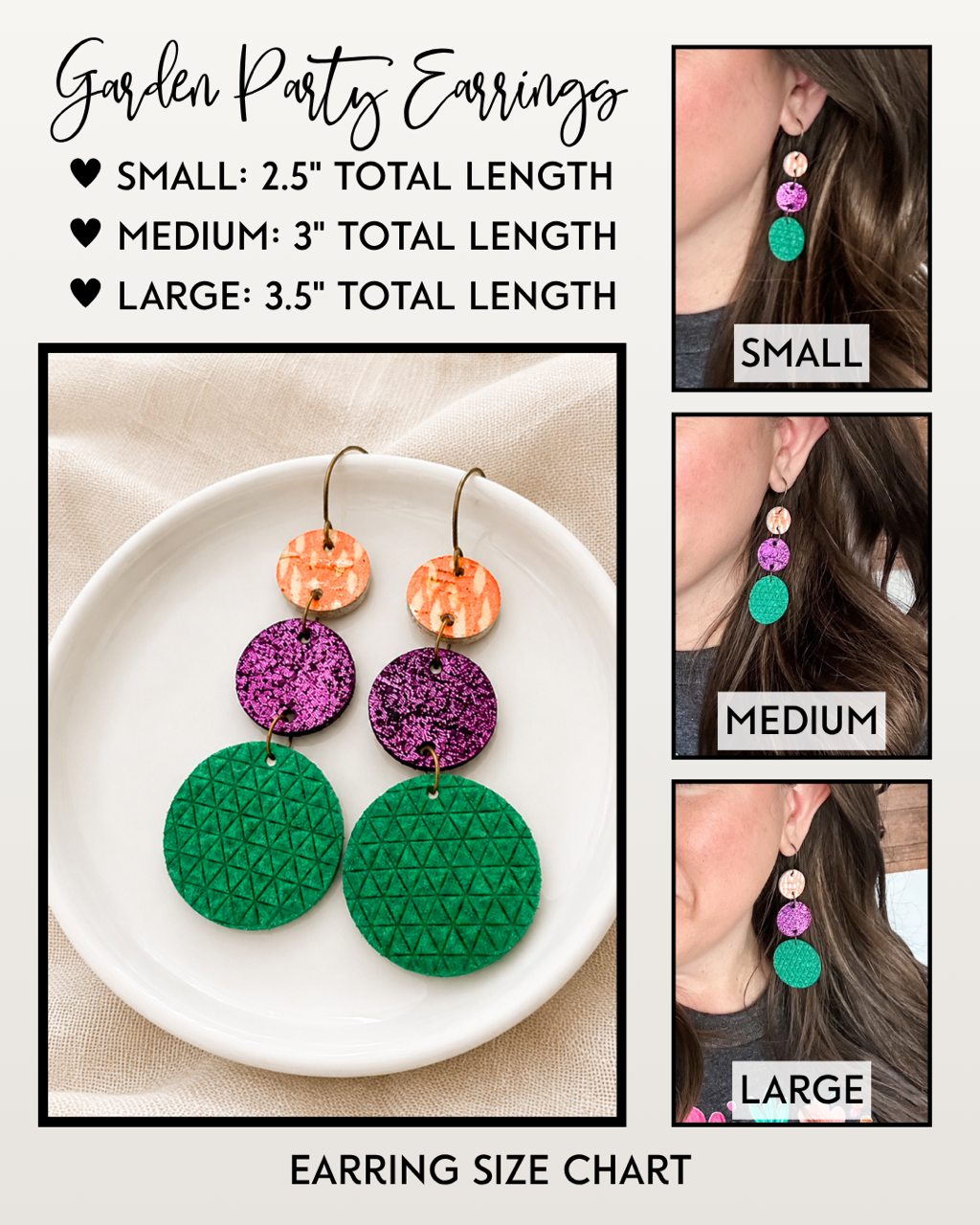 Garden Party leather and cork earrings size chart comparing small, medium, and large lengths on a model with product measurements.