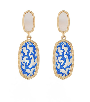 Blue and white patterned gold drop earrings displayed on white background