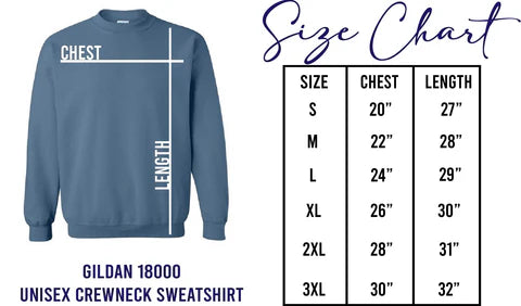 Gildan 18000 unisex crewneck sweatshirt size chart showing chest and length measurements from small to 3XL in inches