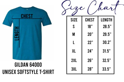 Gildan 64000 unisex Softstyle t-shirt size chart showing chest and length measurements from S to 3XL.