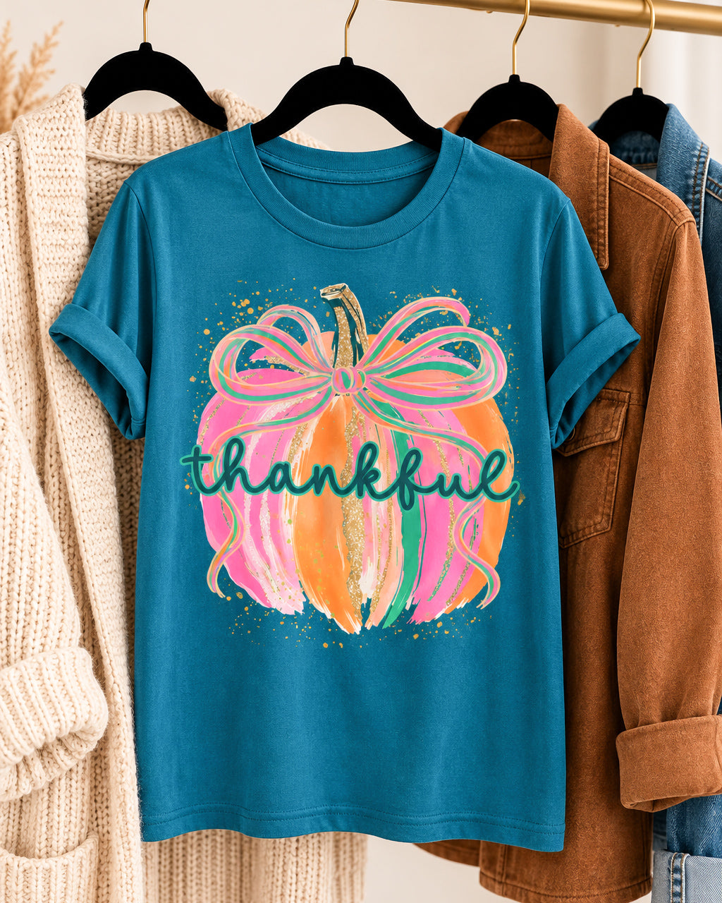 Gilded & Thankful teal blue pumpkin graphic tee displayed on a boutique clothing rack with a cream sweater, brown jacket, and denim.