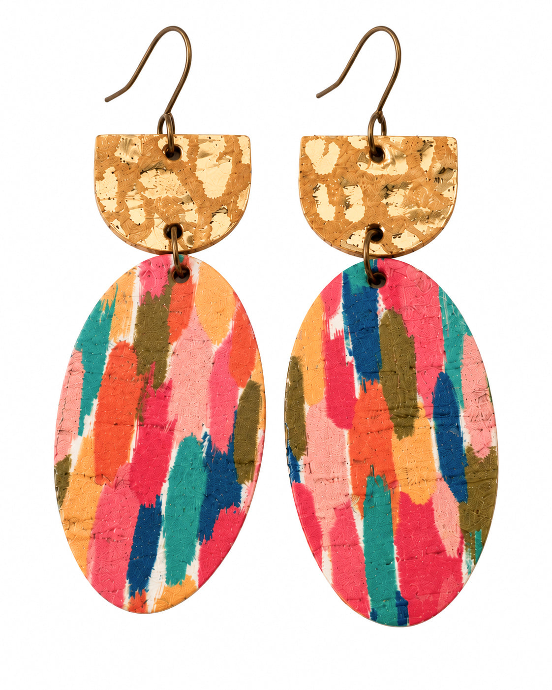 Gilded Brushstroke handmade leather and cork earrings featuring colorful pink, orange, teal, and blue brushstrokes with metallic gold accents.