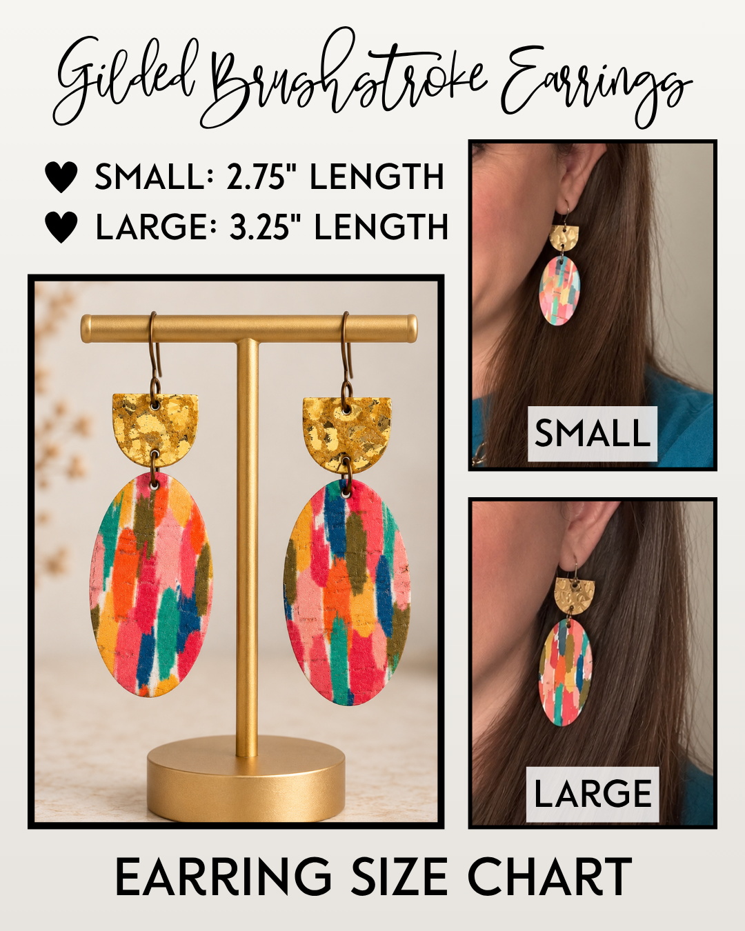 Gilded Brushstroke Earrings size chart showing small 2.75-inch and large 3.25-inch lengths with modeled photos demonstrating both sizes.
